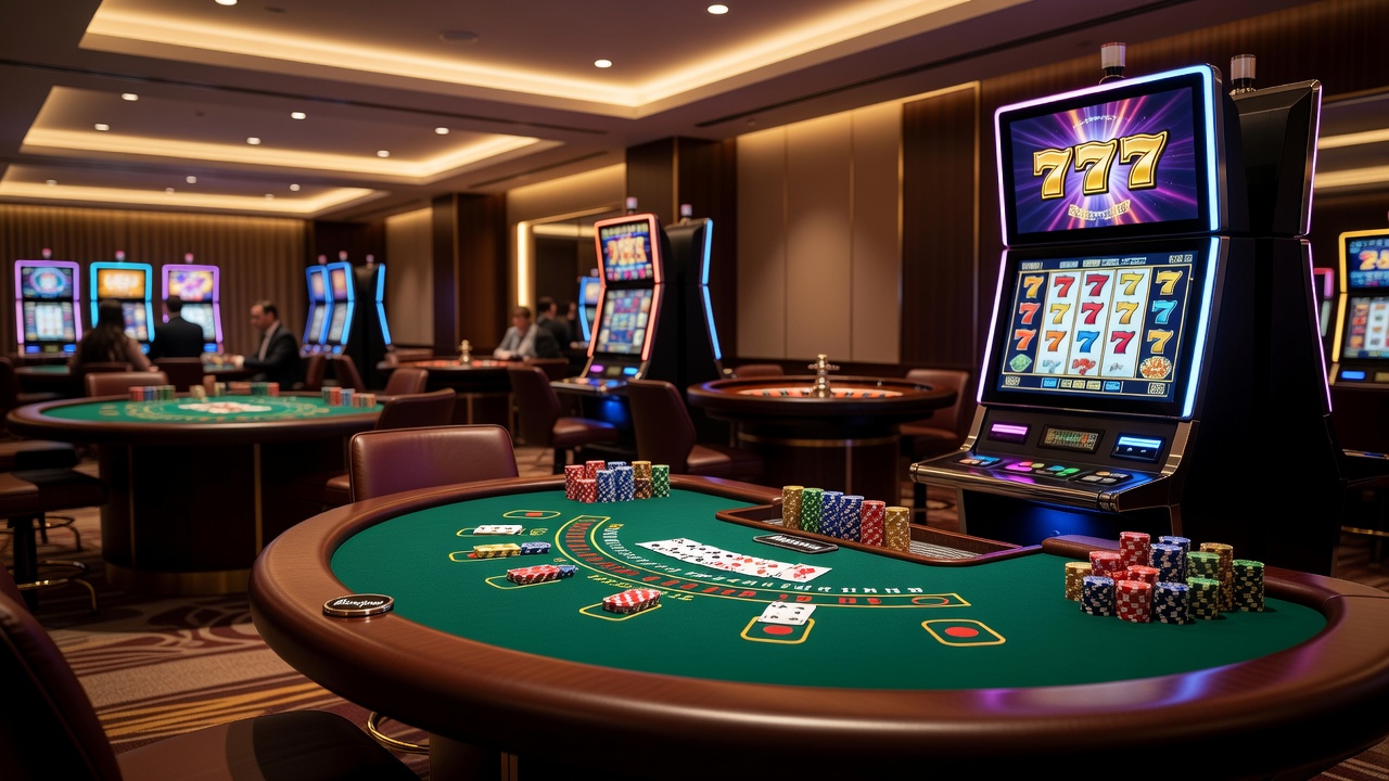 Vibrant casino floor showcasing diverse slot machines and classic table games under bright lighting
