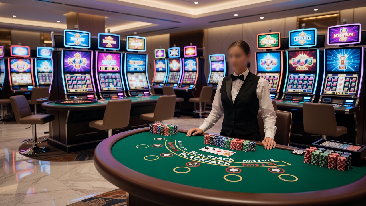 Close-up view of roulette wheel and blackjack table in a modern gaming environment
