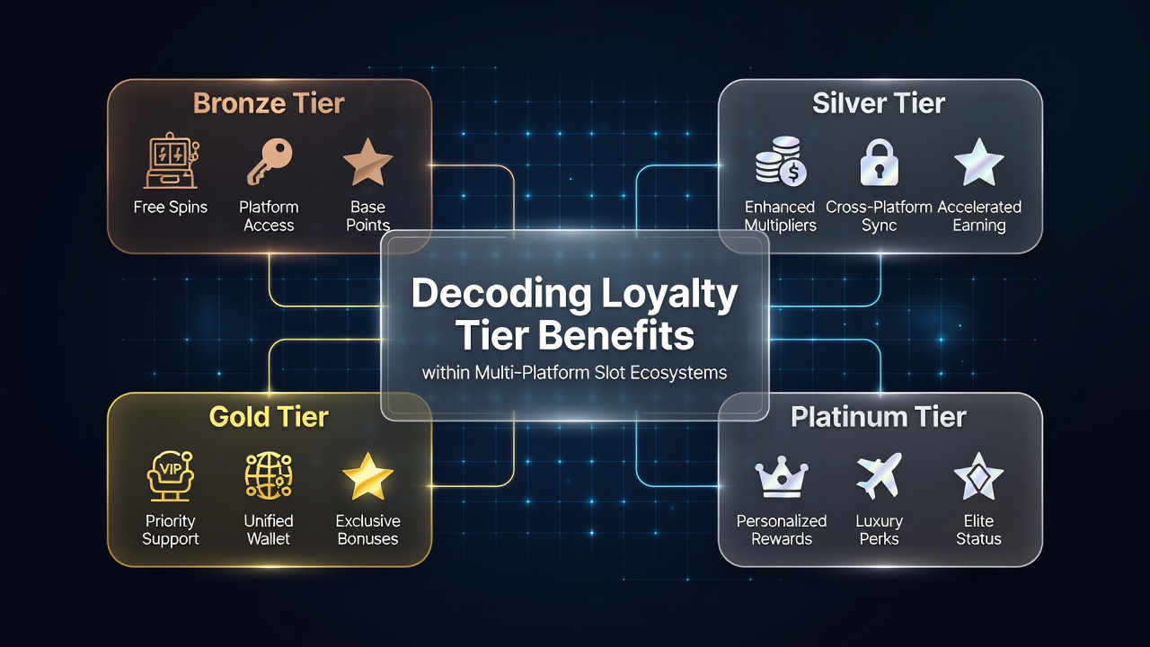 Multi-platform slot interface showing tier progression indicators and reward notifications across desktop and mobile screens