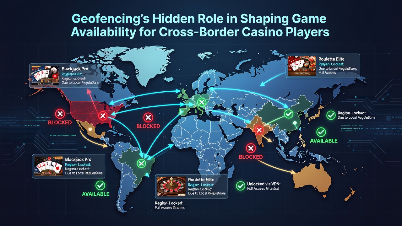 Cross-border casino player using mobile device with geofencing overlay map indicating restricted zones