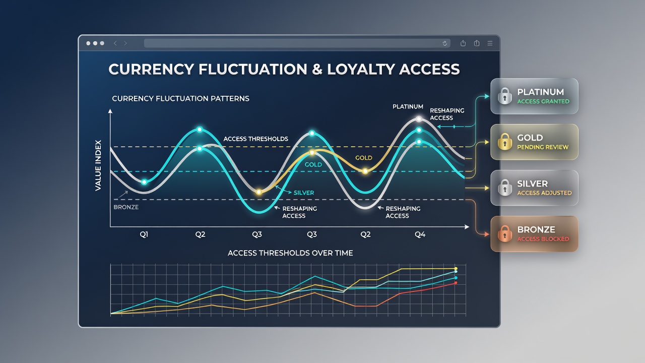 Loyalty tier dashboard on a mobile browser with fluctuating exchange rate indicators
