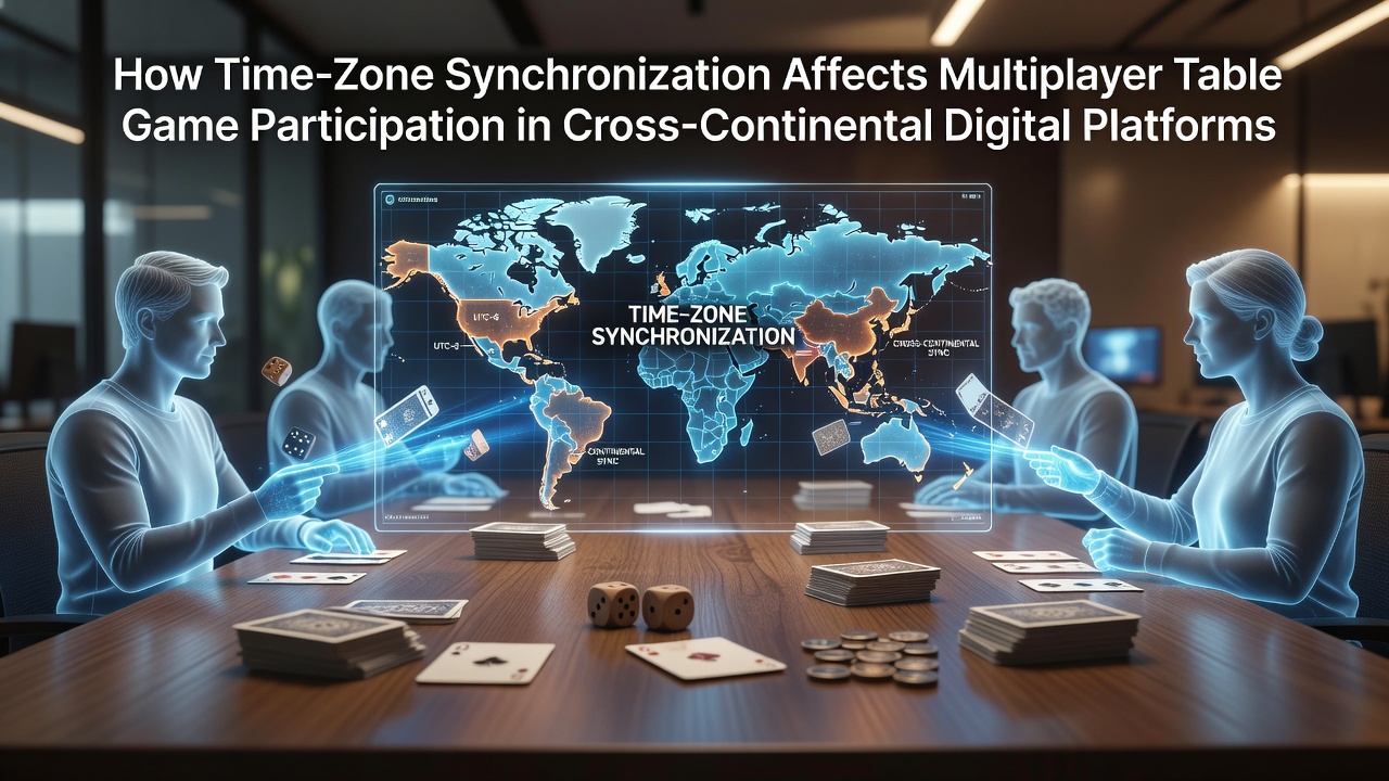Digital platform interface showing synchronized multiplayer table game sessions across global time zones