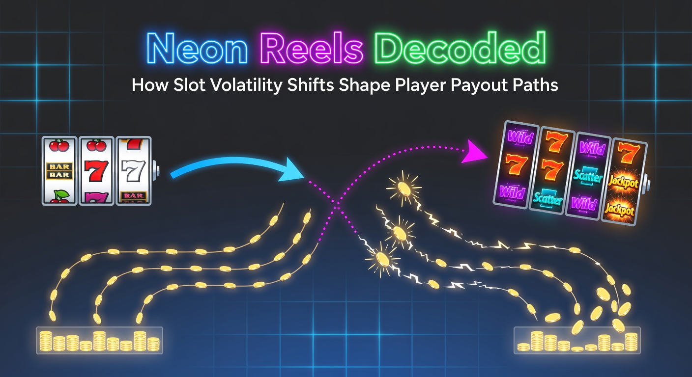 Vibrant neon-lit slot reels spinning under glowing lights, with volatility meter shifting from low to high in a digital casino interface
