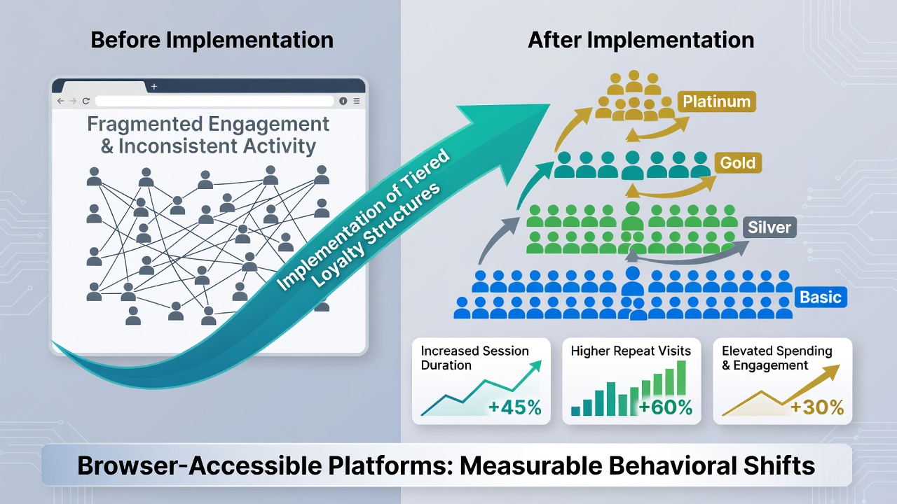 Analytics dashboard displaying user behavior metrics and loyalty tier progression charts from browser gaming platforms