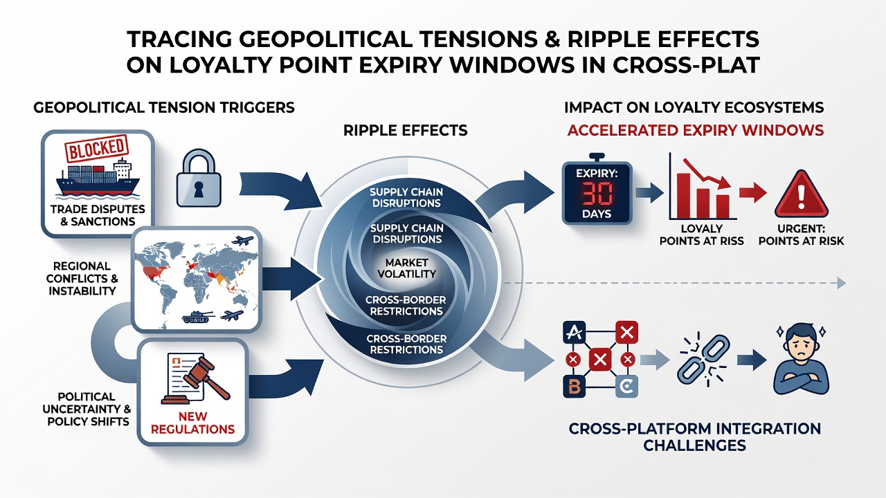 Abstract visualization of interconnected digital platforms showing loyalty point flows affected by external regulatory and economic pressures