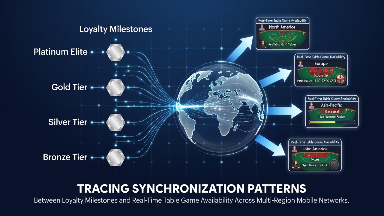 Mobile network synchronization in multi-region gaming environments showing loyalty milestone triggers and live table game availability