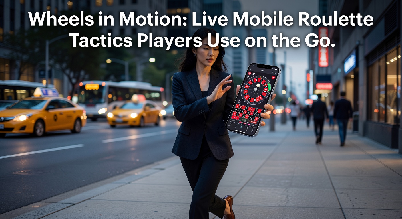 A player using a smartphone to access live mobile roulette during a commute, with the roulette wheel spinning on screen and urban scenery blurring in the background